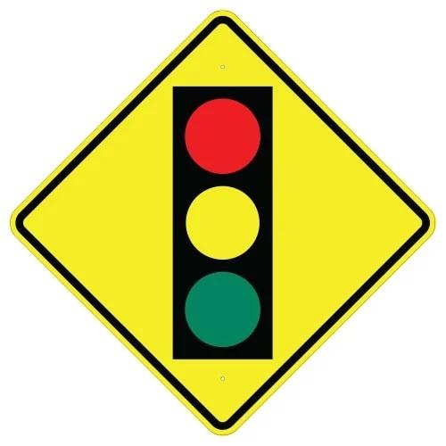 yellow, red, black, green, diamond shaped, W3-3 Signal Ahead Symbol Sign