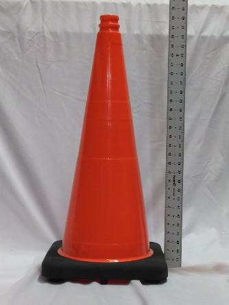 28: orange traffic cone with black base upright against a white background