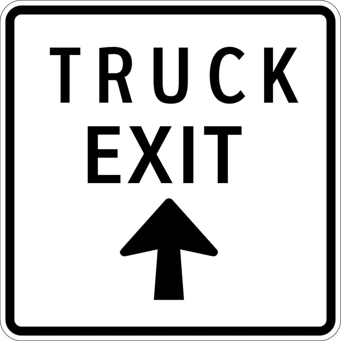 Truck Exit with UP Directional Arrow white Sign with black words, arrow and border