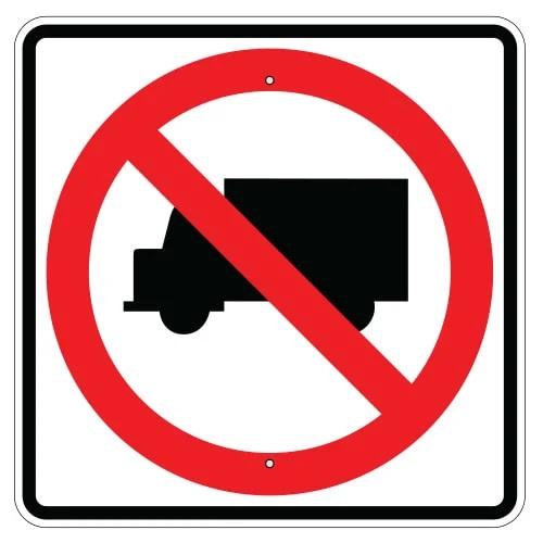 Square, White, Black and Red Regulatory Sign Legend: No Trucks (symbol)