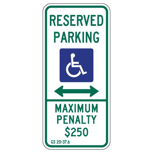 North Carolina Reserved Parking with handicap symbol and arrow sign (HIP) White and green with blue handicap symbol
