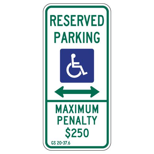 North Carolina Reserved Parking with handicap symbol and arrow sign (HIP) White and green with blue handicap symbol