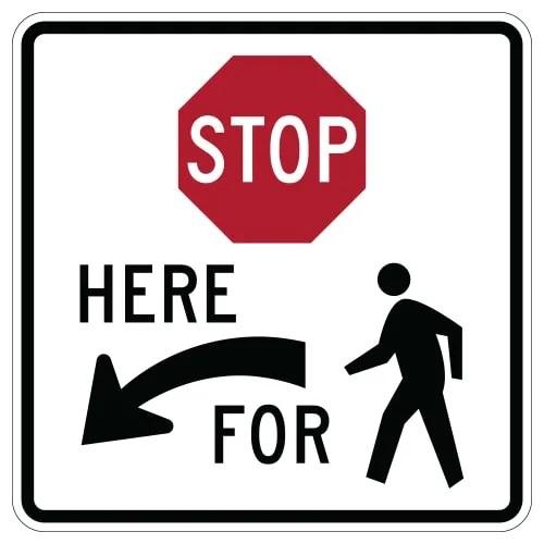 Stop Here for Pedestrians Symbol Sign, Left - Diamond Grade Prismatic (DG3) | 36in X 36in white, black with red stop sign