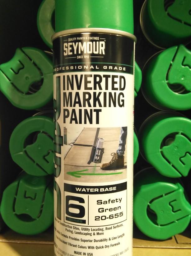 20-655 Seymour Stripe 6-Series Inverted Ground Marking Paint, Safety Green (17oz) can standing with a case