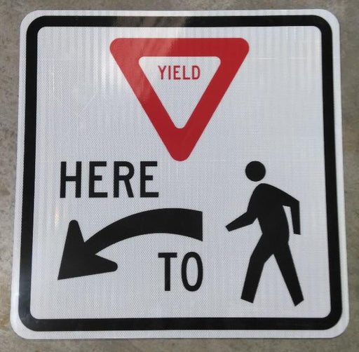 White, Black and Red R1-5L Yield Here for Pedestrians Symbol with Left Arrow