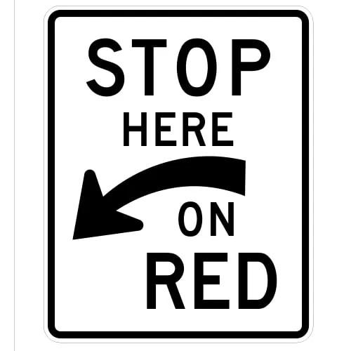 White and Black, STOP HERE ON RED Sign with curved left arrow