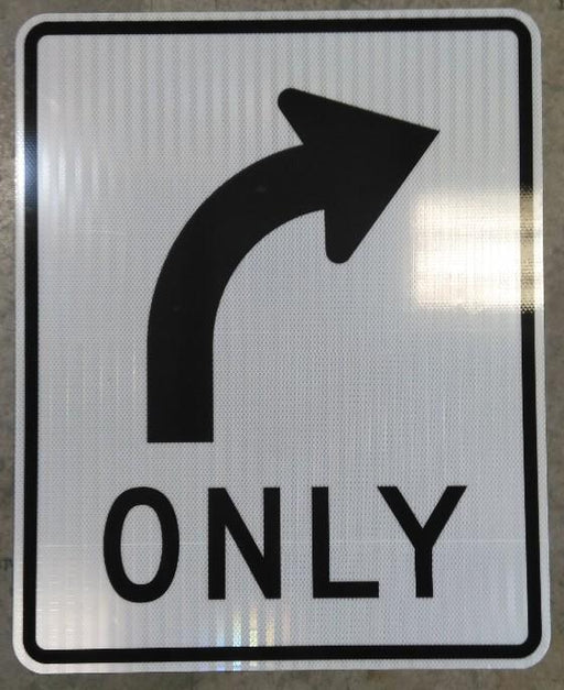 White and Black R3-5R Right Turn Only Symbol Sign 