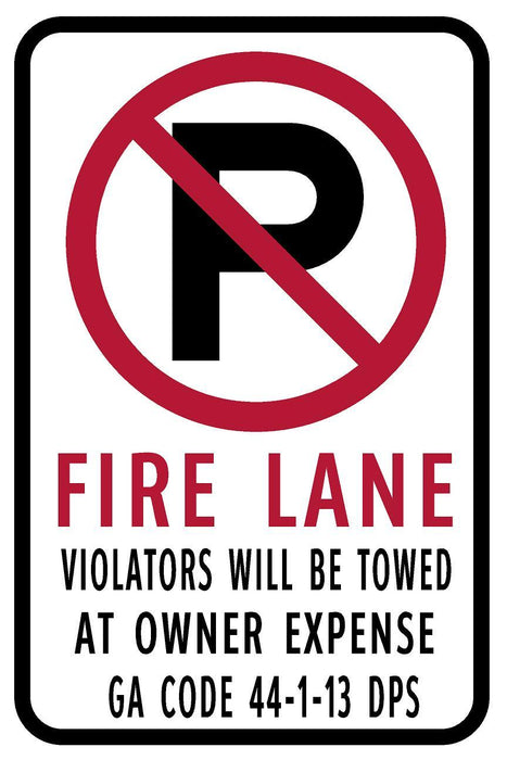 White, Black and Red Georgia No Parking Symbol FIRE LANE GA Code High Intensity Prismatic (HIP), Sign, .080 " | 18" X 24"