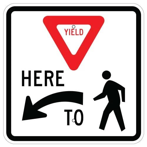 White, Black and Red Yield Here to Pedestrians Sign MUTCD R1-5L Available