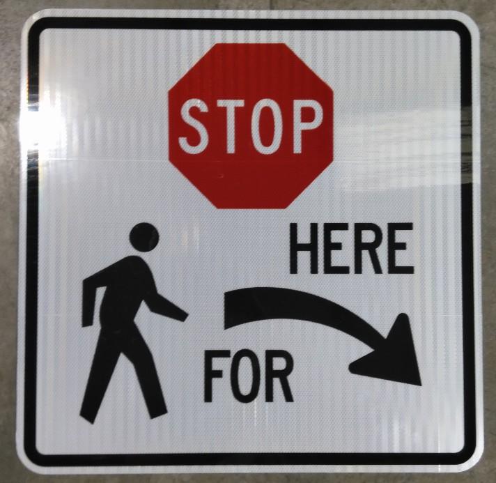 R1-5R, Square, White, Red and Black, STOP HERE FOR Pedestrians Symbol Sign