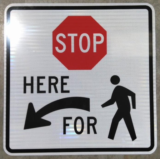 R1-5, Square shaped, STOP HERE FOR PEDESTRIANS SIGN with Symbols