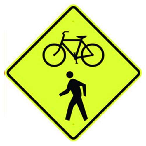 Bicycle Pedestrian Crossing Sign with Fluorescent yellow/green background and black border