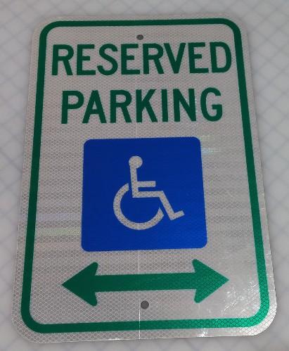 R7-8 White - Green - Blue Reserved Parking, with Handicap Symbol with Double Arrow Sign