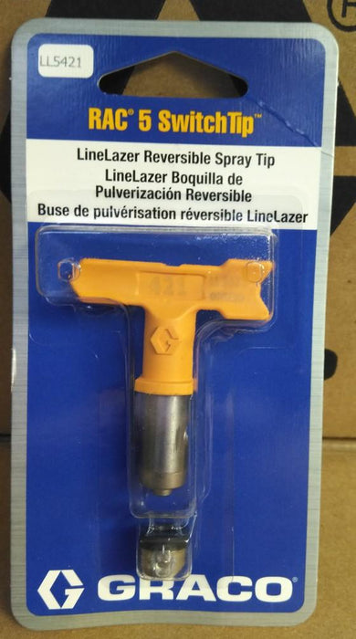 Yellow handle, GRACO LINELAZER RAC 5 SwitchTip, 421 Part Number: LL5421 in blue graco packaging