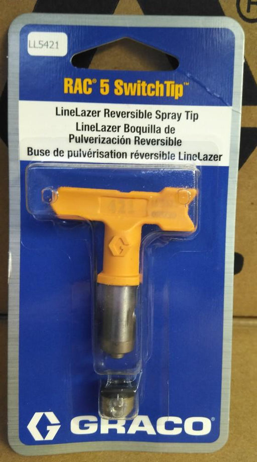 Yellow handle, GRACO LINELAZER RAC 5 SwitchTip, 421 Part Number: LL5421 in blue graco packaging