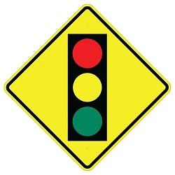 yellow, red, black, green, diamond shaped, W3-3 Signal Ahead Symbol Sign
