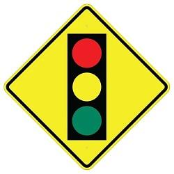 yellow, red, black, green, diamond shaped, W3-3 Signal Ahead Symbol Sign