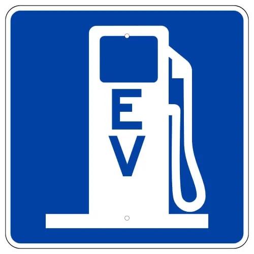 Blue and white Electric Vehicle Charging Station Sign  with a gas pump 