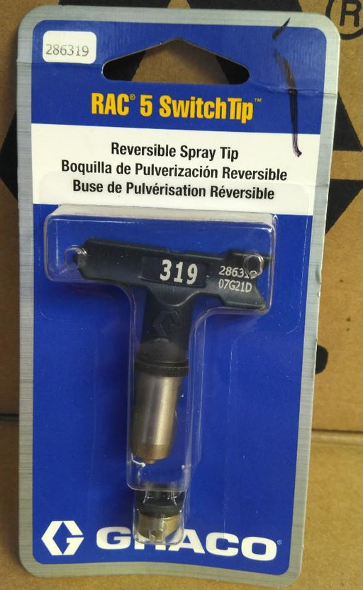 Black Handle, GRACO RAC 5 SwitchTip, 319 Reversible Spray Tip Part Number: 286319 in blue packaging