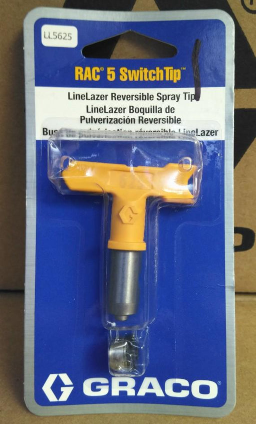 Yellow Graco LL5625 - GRACO LineLazer RAC 5 SwitchTip, 625 LineLazer Reversible Spray Tip in blue Graco packaging