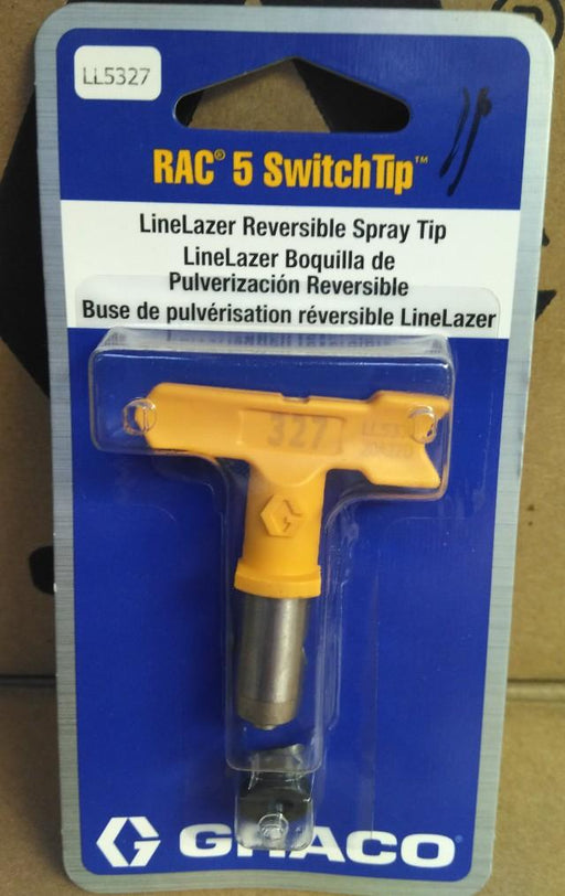 Yellow Handle, GRACO LineLazer RAC 5 SwitchTip, 327 Part Number: LL5327 in blue packaging